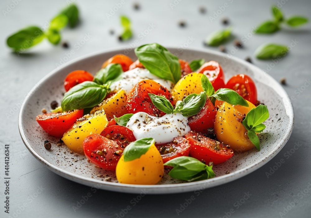 Fresh vegetable salad with yogurt in a plate on the table.