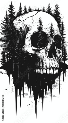 Minimalist Black and White Skull in Forest Vector Illustration