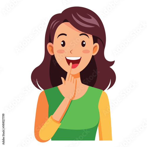 happy woman tells secret by putting palm to mouth