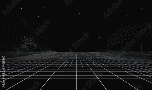 Retro Futuristic Y2K Grid Background with Cyberpunk Wireframe Elements