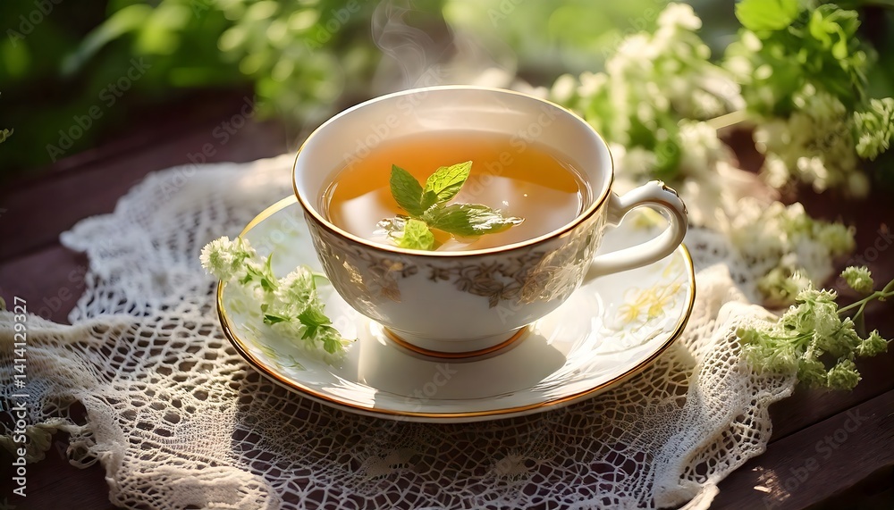 Steaming Cup of Herbal Tea in Sunlight