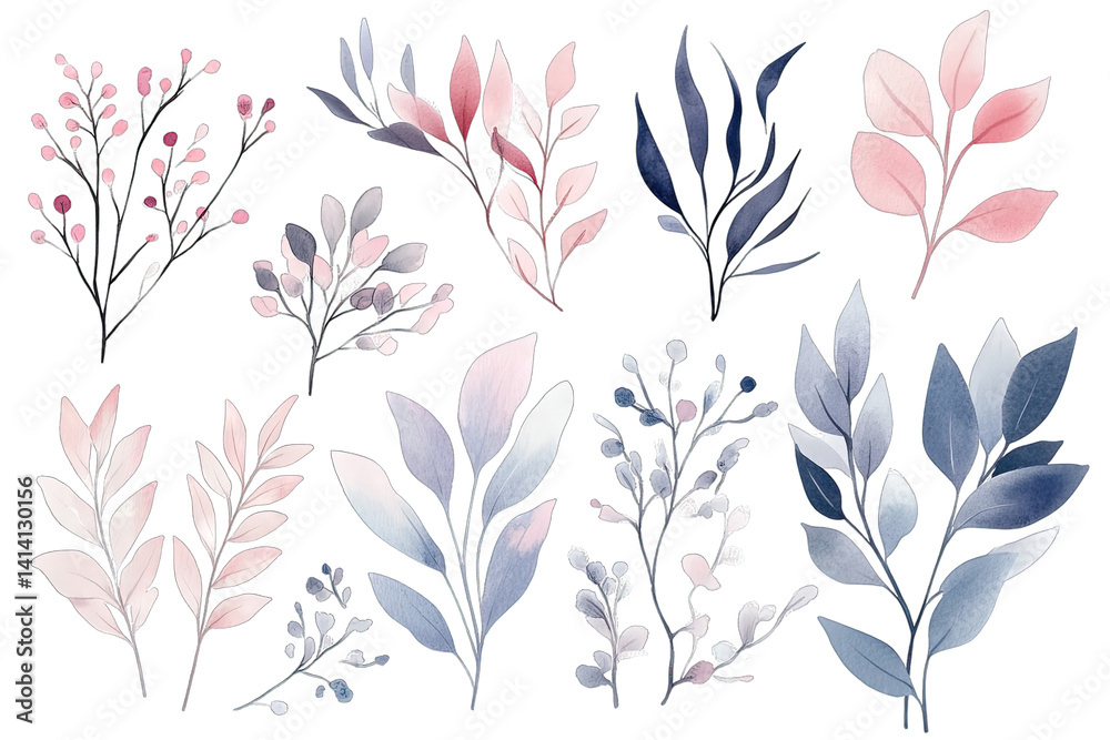 delicate watercolor-style botanical illustrations showcasing various leaves and berries in soft colors ideal for design projects or decorative purposes delicate watercolor-style botanical illustrations showcasing various leaves and berries in soft colors ideal for design projects or decorative purposes