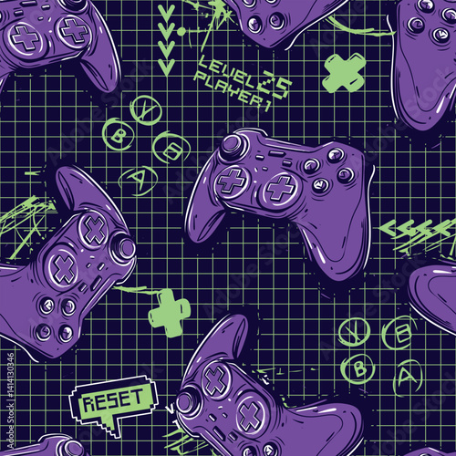 Seamless bright pattern with joysticks. gaming cool print for boys and girls. Suitable for textiles, sportswear, web