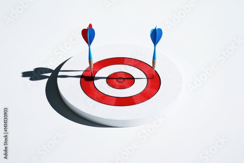 A target with three arrows hitting the bullseye and two arrows missing the target completely on white background