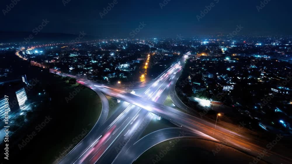 Aerial View of Busy Highway Intersection Illuminated by Streetlights at Night in Urban Environment Aerial View of Busy Highway Intersection Illuminated by Streetlights at Night in Urban Environment