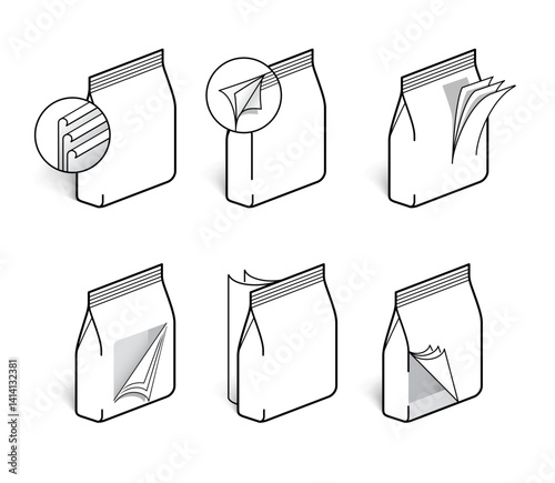 Set icons for example of a multilayer flexible packaging film structure for recycling. The outline icons are well scalable and editable. Great for infographic. EPS10.