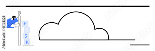 Person adjusting a measurement bar marked RISK beside a cloud outline. Ideal for risk analysis, decision-making, cloud services, technology, innovation, strategy, simple landing page