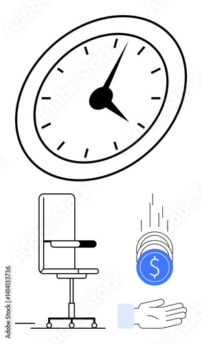 Large clock, office chair, and coins falling into a hand. Represents work productivity, time management, financial success. Ideal for business, efficiency, scheduling savings startups earning