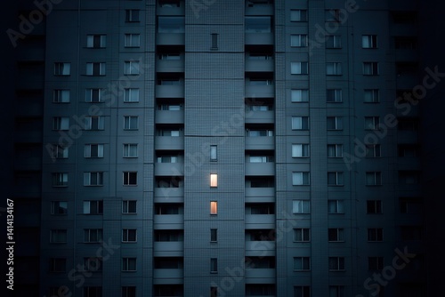 Apartment Complex with Only One Lit Window A wide shot of a tall grey apartment building at night, all windows dark except for one. This tiny warm light conveys a strong sense of isolation, storytelli