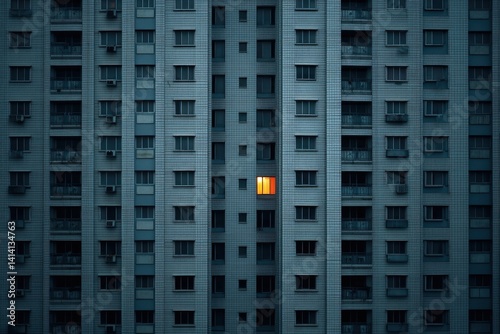 Apartment Complex with Only One Lit Window A wide shot of a tall grey apartment building at night, all windows dark except for one. This tiny warm light conveys a strong sense of isolation, storytelli