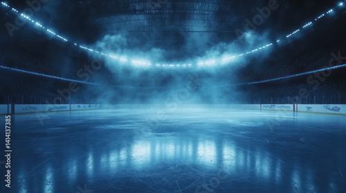 Empty ice hockey arena at night, lit by spotlights. Foggy atmosphere