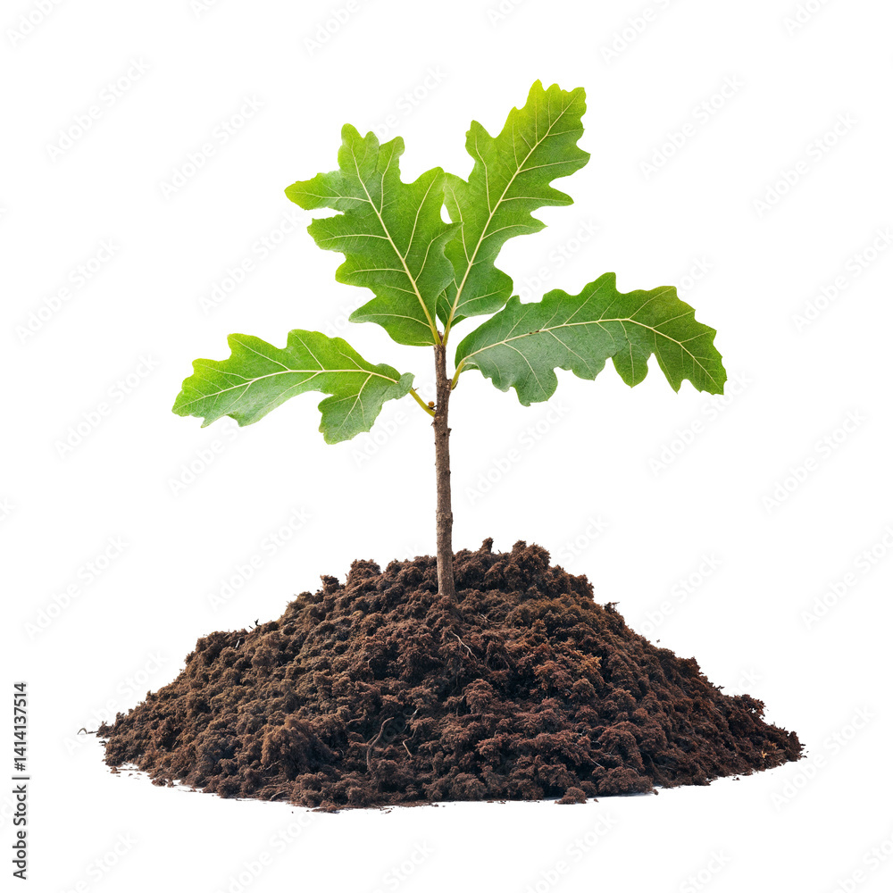 Young oak tree seedling growing on fresh soil isolated on transparent background Young oak tree seedling growing on fresh soil isolated on transparent background