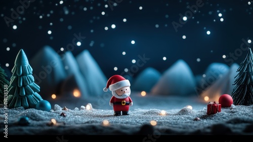A tiny Santa Claus figurine stands in front of a twinkling Christmas tree, surrounded by holiday decorations and soft bokeh lights