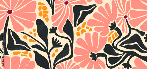 Abstract Сontemporary Seamless Pattern with Leaves and Flowers Shapes Boho Style. Vector Abstract Texture. Seamless Texture Scandinavian Style. Modern Trendy Collage Template