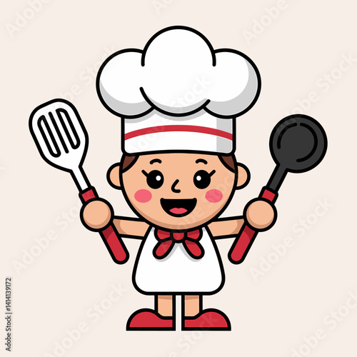 Cute Cartoon Chef Girl Holding Spatula and Ladle - Kitchen Mascot Character