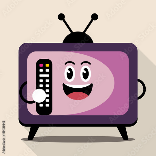 Cartoon TV Character with Remote, Funny Retro Television Mascot