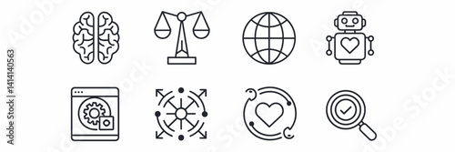 Clean vector icons of ethical AI and data transparency – Ideal for tech conference slides, future ethics discussions, or software development
