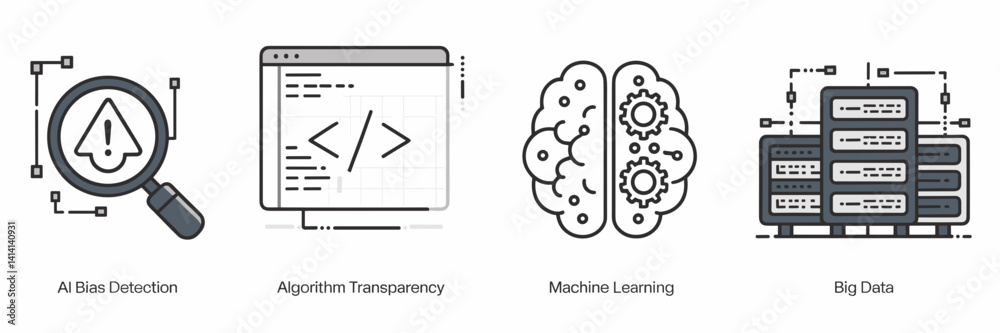 Icon sheet showing AI bias and transparency – Ideal for UX design, algorithmic fairness discussions, or AI research Icon sheet showing AI bias and transparency – Ideal for UX design, algorithmic fairness discussions, or AI research