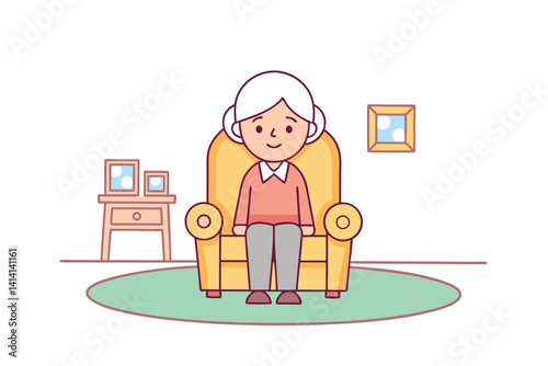 Cartoon Grandmother Sitting Comfortably In Armchair At Home Interior Illustration