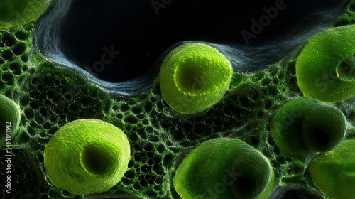 A vibrant close-up image showing green cellular structures with intricate textures, highlighting the complexity of microscopic life.