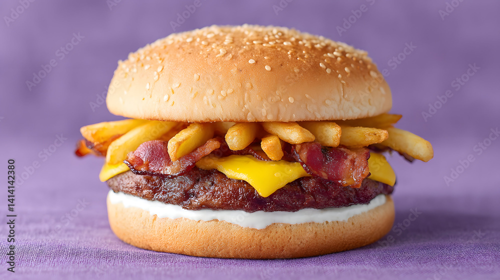 The most delectable and delicious burger you could ever imagine, with a perfectly stacked patty, fresh vegetables, and a delicious bun, set against a simple background.