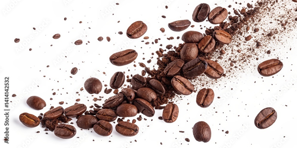 Fototapeta premium Coffee Beans Explosion High-Resolution Image of Roasted Coffee Beans and Ground Coffee in Motion, Coffee, Caffeine Coffee beans, splash, photography