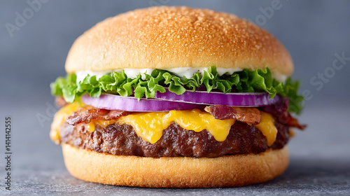 The most delectable and delicious burger you could ever imagine, with a perfectly stacked patty, fresh vegetables, and a delicious bun, set against a simple background.
