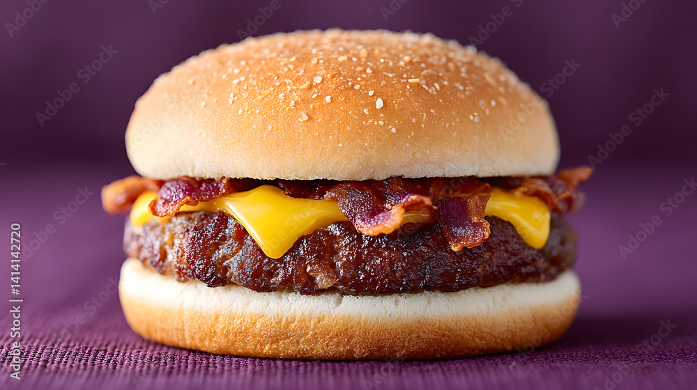 The most delectable and delicious burger you could ever imagine, with a perfectly stacked patty, fresh vegetables, and a delicious bun, set against a simple background.