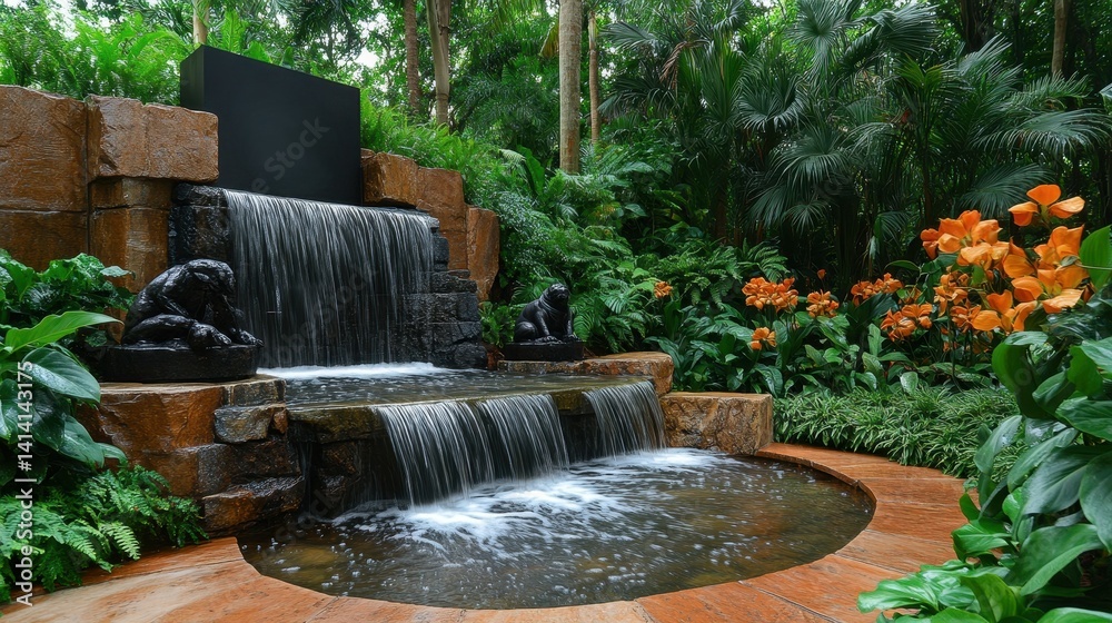 Naklejka premium A cascading waterfall feature in a lush tropical garden.