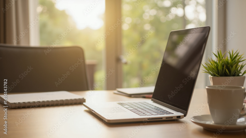 Fototapeta premium Bright office desk with laptop, morning light, coffee mug, green plant, notebook, remote work, clean minimal background, peaceful view, no people