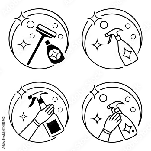 Cleaning supplies and tools set in black and white