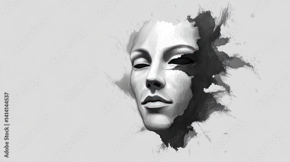 Fototapeta premium Monochrome face dissolving into ink splatters on grey