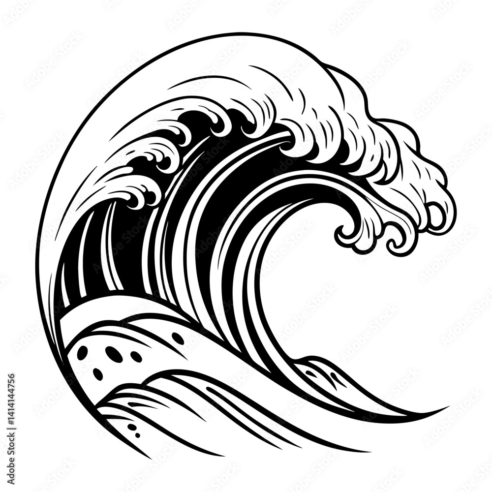 Obraz premium Black and white illustration of ocean wave
