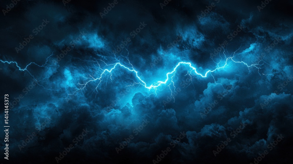 Bright blue lightning bolt crackling through heavy dark storm clouds, moody night sky drama.