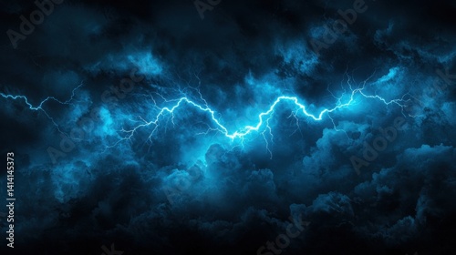 Obraz na płótnie Bright blue lightning bolt crackling through heavy dark storm clouds, moody night sky drama. w salonie