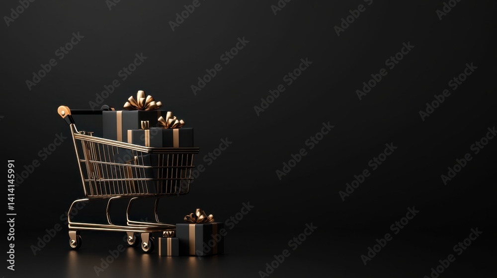 Close-up of a shopping cart with elegant black and gold gift boxes, festive sale design for Black Friday.
