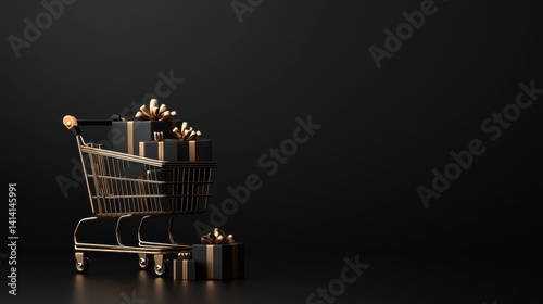 Obraz na płótnie Close-up of a shopping cart with elegant black and gold gift boxes, festive sale design for Black Friday. w salonie