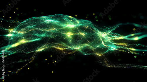 Futuristic neural network visualization with glowing data streams, digital brain on dark cybernetic theme. Perfect for AI, tech, and sci-fi concepts.