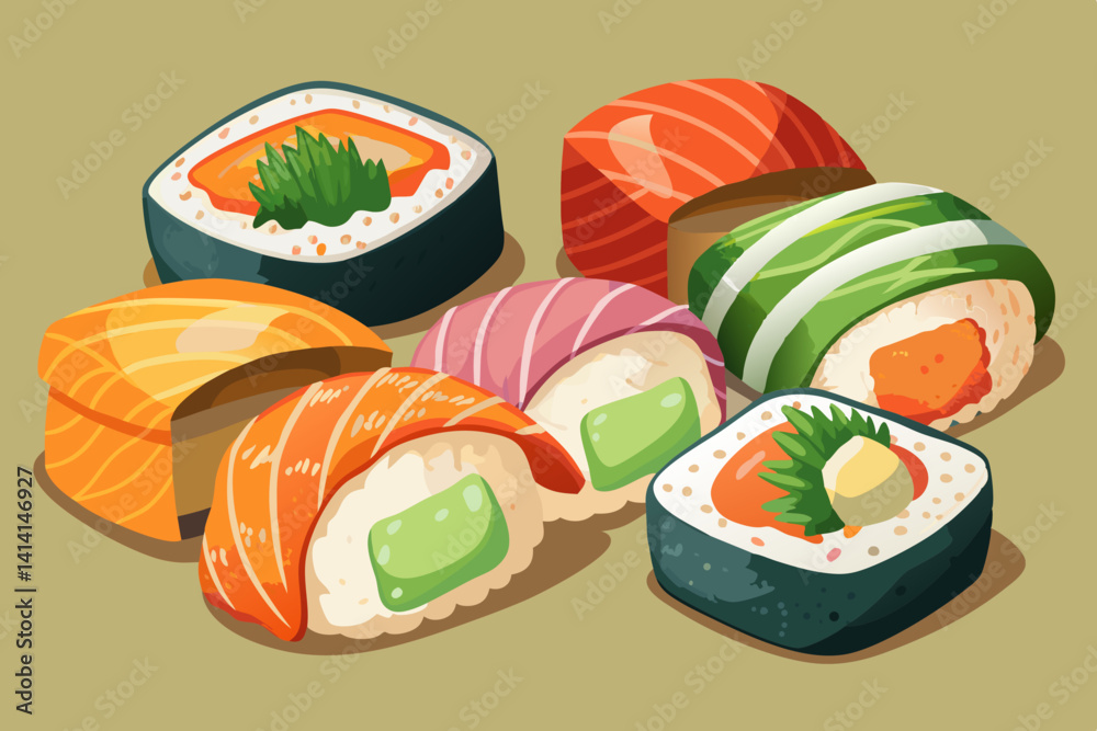 Delicious sushi rolls cartoon design Flat style vector illustration