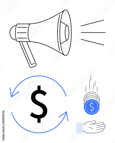 Megaphone emitting sound, dollar symbol surrounded by arrows, coins dropping into an open hand. Ideal for financial growth, marketing, advertising, investment, donation, communication simple landing