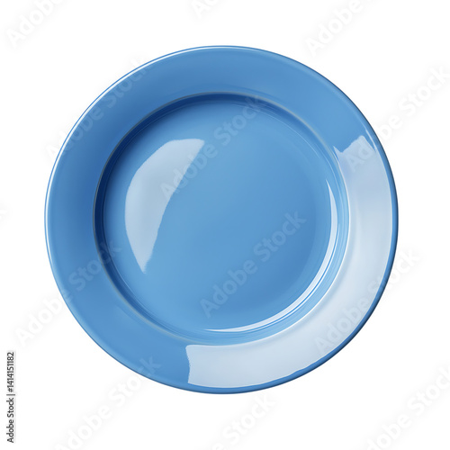 Ceramic plate in glossy cerulean blue color shown from top angle with smooth surface and rounded edges in minimal presentation on a transparent background
