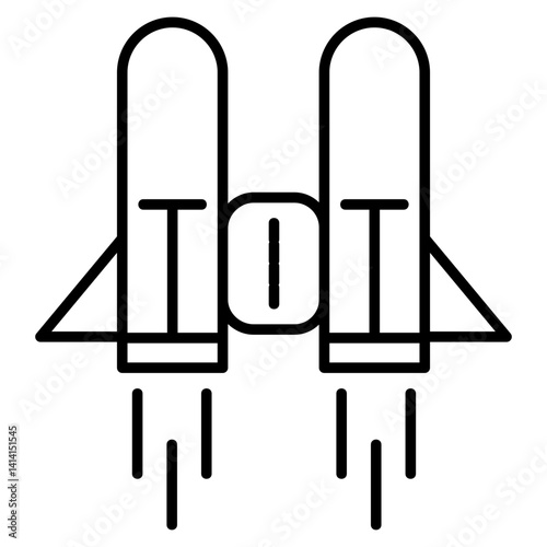 Two rockets launching icon. Simple outline of twin spaceships taking off with flames, representing space exploration or startup acceleration.