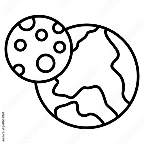 Earth and Moon icon. Simple outline of the planet Earth with its natural satellite, the Moon.