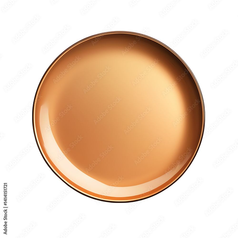 Glossy ceramic plate in deep amberglow orange color with round shape and smooth surface seen cleanly from overhead on a transparent background