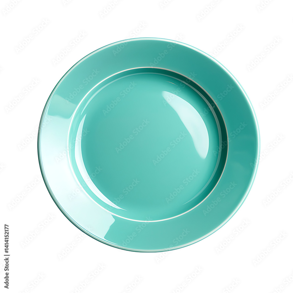 Turquoise blue ceramic plate with shiny smooth surface and round clean design seen clearly from overhead angle on a transparent background