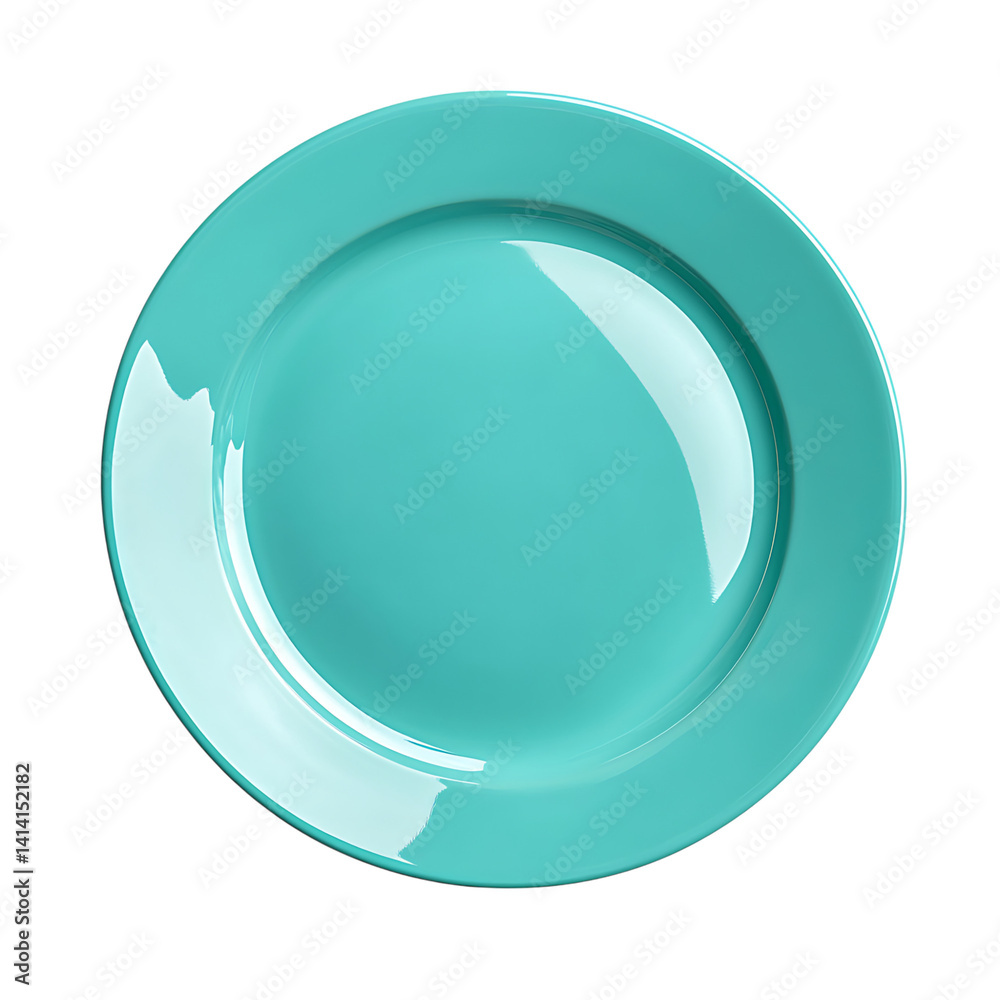 Turquoise blue ceramic plate with shiny smooth surface and round clean design seen clearly from overhead angle on a transparent background