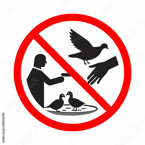 Sign prohibiting feeding ducks and birds, showing a person with a plate and flying birds
