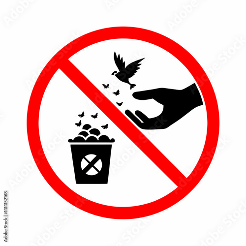 Sign prohibiting feeding birds, featuring a hand with food and a trash bin with flying birds