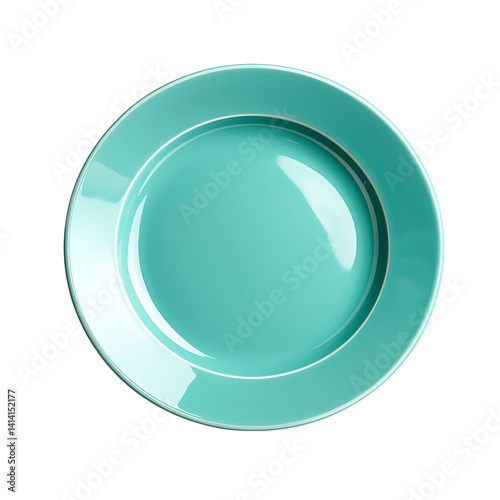 Obraz na płótnie Turquoise blue ceramic plate with shiny smooth surface and round clean design seen clearly from overhead angle on a transparent background w salonie