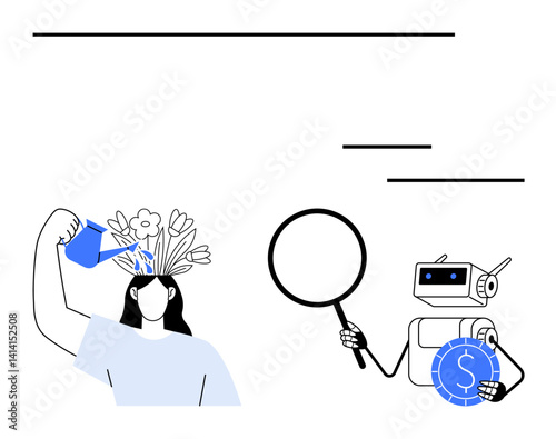 Woman watering flowers growing from her head symbolizes creativity, next to a robot holding a magnifying glass and coin, symbolizing AI innovation and financial analysis. Ideal for creativity, AI